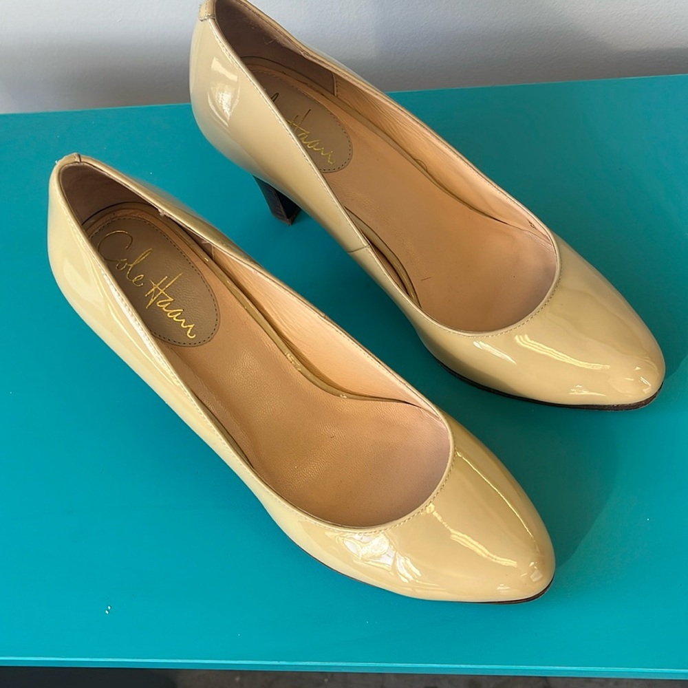 Cole Haan Margot Nike Air patent leather wood stacked heel pumps